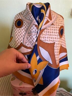 Printed Scarf in Navy, Mustard & Blush